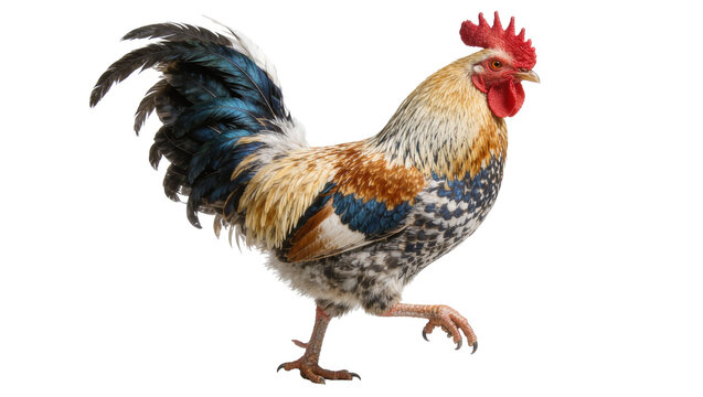 Colorful rooster with red comb and detailed feathers, isolated on transparent background