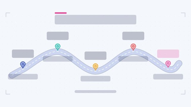 Animated roadmap path infographic in a modern flat vector style, winding path drawing in a smooth 4K loop. Blank text placeholders and blue and azure accents sit on a bright light background so headin