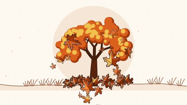 Seamless 4K looping animation of maple tree autumn leaves dropping, drawn as a minimal flat vector scene in orange and amber tones on a soft light background. Calm, gentle motion with plenty of empty 