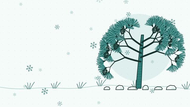 Seamless 4K looping animation of pine tree needle clusters trembling, drawn as a minimal flat vector scene in teal and turquoise tones on a soft light background. Calm, gentle motion with plenty of em