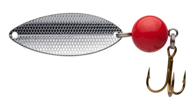 Shiny silver spoon fishing lure with red bead and gold treble hook, isolated on transparent background