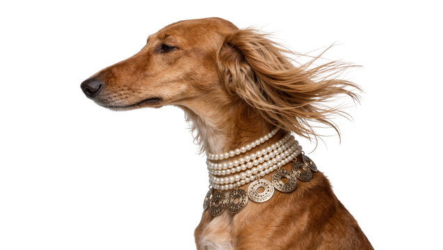 Elegant Saluki dog wearing pearl necklace and ornate collar, isolated on transparent background