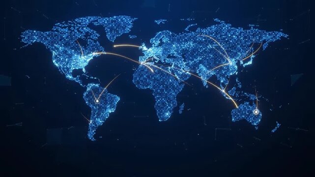 Abstract blue world map showing global network data and connectivity