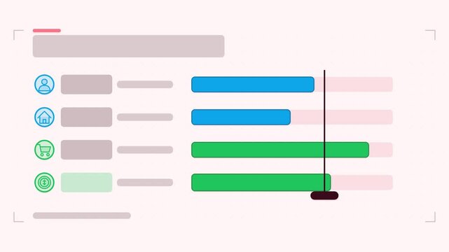 Seamless 4K looping animation of a benchmark bars infographic template with average drawing. Flat vector shapes, icons and grey text placeholders animate on a clean light background in fresh green ton