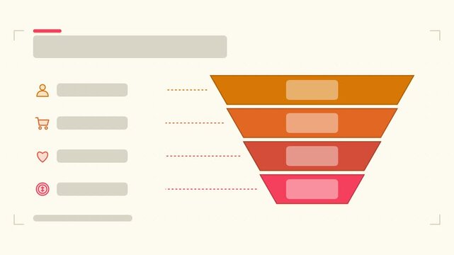 Seamless 4K looping animation of a funnel tiers infographic template with four tiers assembling. Flat vector shapes, icons and grey text placeholders animate on a clean light background in orange and 