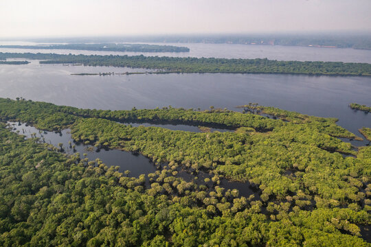 Beautiful aerial view from plane to green amazon rainforest islands