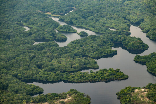 Beautiful aerial view from plane to green amazon rainforest