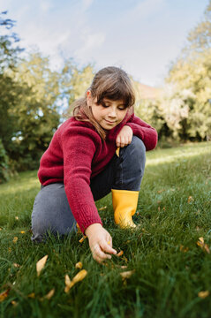 Young girl in yellow wellies collecting autumn leaves in the grass
