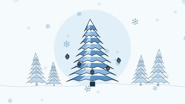 Gentle 4K seamless loop showing spruce tree tiers swaying delayed in a clean flat vector style with blue and azure colours and a bright light backdrop. Slow natural movement and generous copy space. W