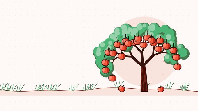 Seamless 4K looping animation of apple tree with fruit swinging, drawn as a minimal flat vector scene in fresh green tones on a soft light background. Calm, gentle motion with plenty of empty space fo