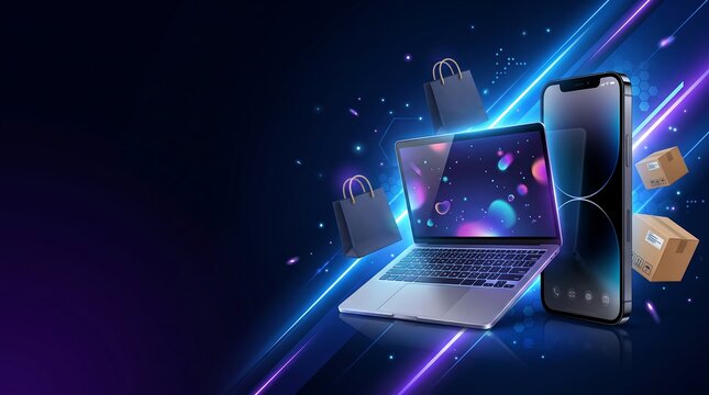 Online Shopping Concept with Laptop Smartphone and Delivery Packages