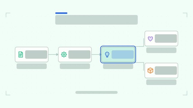 Animated flow chart infographic in a modern flat vector style, blocks assembling in a smooth 4K loop. Blank text placeholders and fresh green accents sit on a bright light background so headings and n