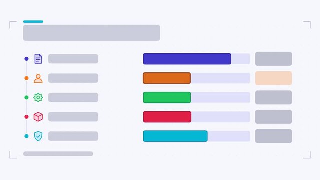 Seamless 4K looping animation of a pipeline stages infographic template with bars filling. Flat vector shapes, icons and grey text placeholders animate on a clean light background in teal and turquois