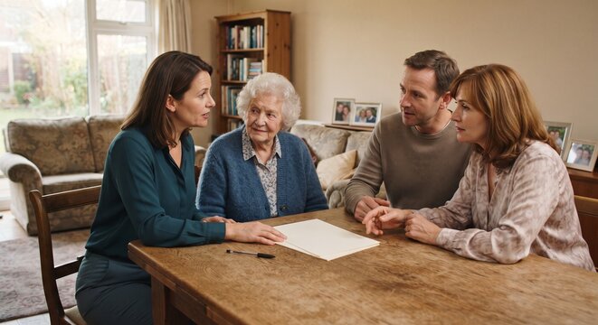 Family meeting with social worker sitting at wooden table in a cozy living room.