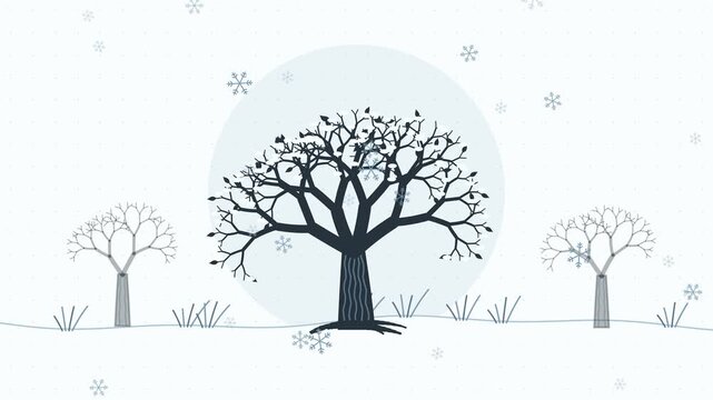 Gentle 4K seamless loop showing bare tree branches bending wind in a clean flat vector style with blue and azure colours and a bright light backdrop. Slow natural movement and generous copy space. Wid