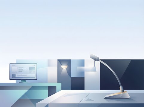 A modern newsroom desk featuring a professional broadcasting microphone and a computer monitor against a clean studio interior background.