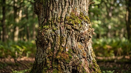 Obraz premium Detailed bark texture of ancient oak tree trunk covered with green moss in forest sunlight