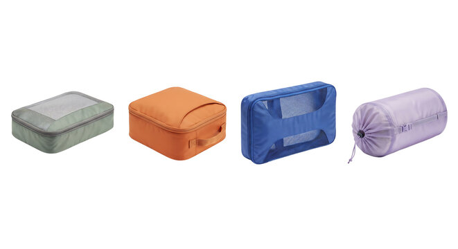 Four small travel packing organizers in various colors and shapes white background with packing cubes, luggage organizers white background