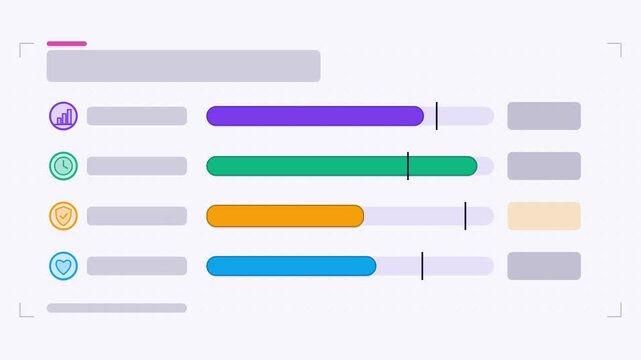 Seamless 4K looping animation of a progress bars set infographic template with growing. Flat vector shapes, icons and grey text placeholders animate on a clean light background in fresh green tones, l