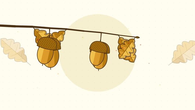 Seamless 4K looping animation of acorns on branch gently swaying, drawn as a minimal flat vector scene in orange and amber tones on a soft light background. Calm, gentle motion with plenty of empty sp