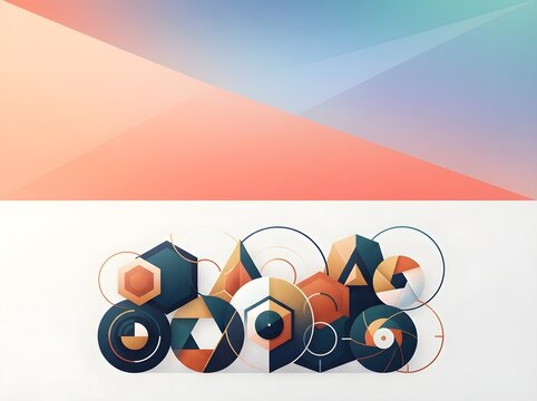 A vibrant abstract composition featuring colorful geometric shapes and camera lens elements arranged centrally beneath a soft gradient sky.