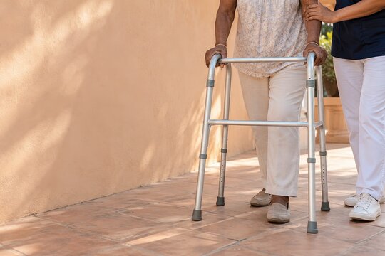 Older Adult Walking with a Walker and Supportive Assistance, Safe Mobility and Confident Everyday Movement