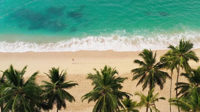 Woman Walking on a Tropical Sandy Beach with Palm Trees Top View