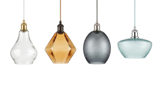 Modern decorative hanging pendant lights with different glass shades white background, hanging lamps, lighting fixtures white background