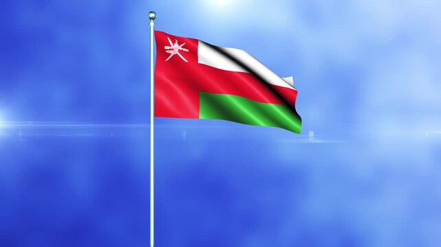 Oman national flag waving in the wind against a blue sky background loop animation