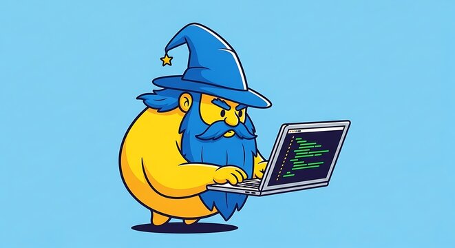 Cartoon wizard coding on a laptop with magic hat