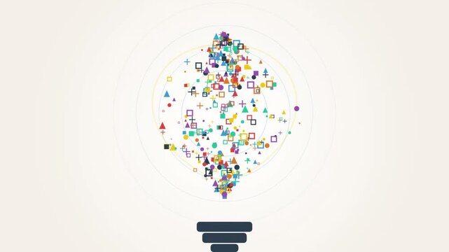 Creative Lightbulb Idea Concept Featuring Floating Colorful Geometric Icons and Minimalist Animati
