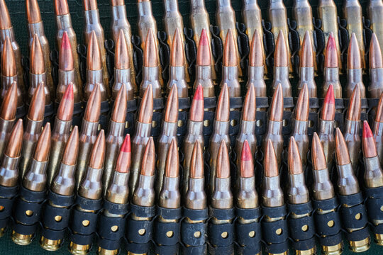 Belted ammunition ready for the machine guns of a French army unit in the Sahel near Tin-Akoff, Burkina Faso