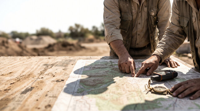 Explorers Examining Topographic Map On Wooden Table Outdoor Closeup Hands Pointing At Route With Compass And GPS For Adventure Expedition Orienteering Navigation Survey Concept