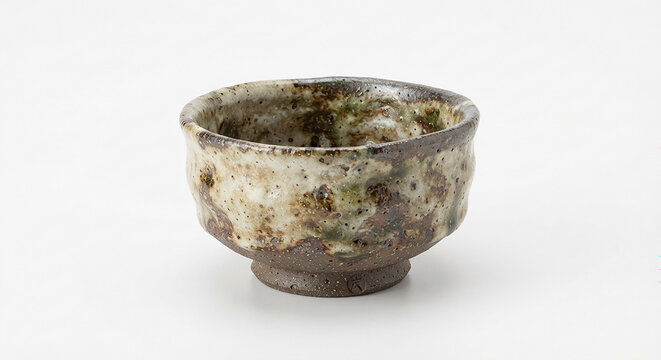Rustic ceramic tea bowl with a mottled glaze on a white background, handmade pottery shot.

