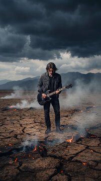Un Guitariste d'&acirc;ge mur avec ambiance sombre et myst&eacute;rieuse