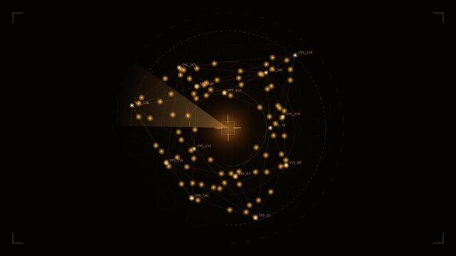 Futuristic radar interface scanning celestial network with gold data points and glowing constellation map on black background.