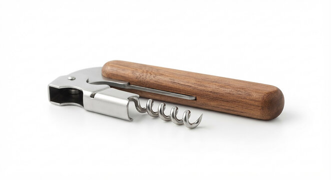 Wooden handled corkscrew with a metal spiral and bottle opener on a white background.

