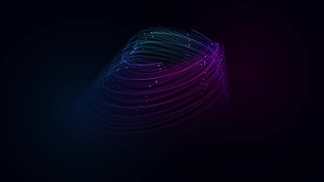 Abstract digital data flow with glowing particles and colorful light trails on dark background.