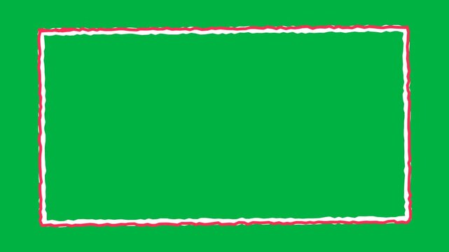 Hand-drawn sketchy white and red rectangle frame on vibrant green screen background. Creative graphic design element for overlay.