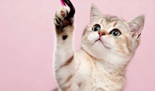  Playful tabby kitten reaching for pink feather toy, 4K video