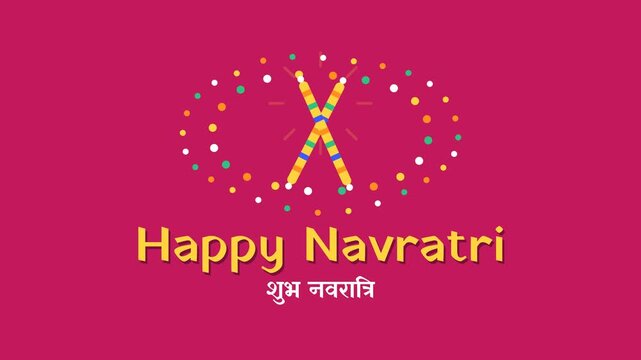 Happy Navratri festival greeting banner with traditional dandiya sticks and colorful festive dots on a vibrant pink background. Indian celebration.