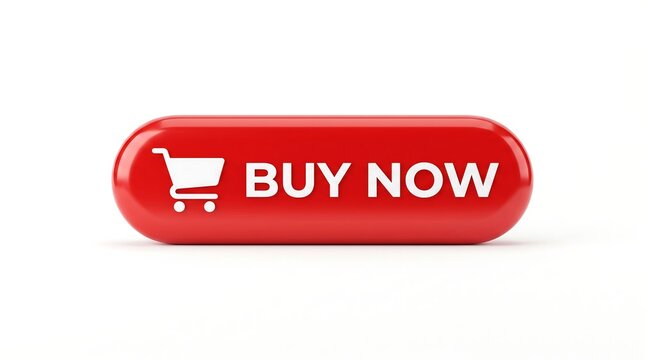 Glossy red pill button with a shopping cart icon and buy now text for e-commerce sites