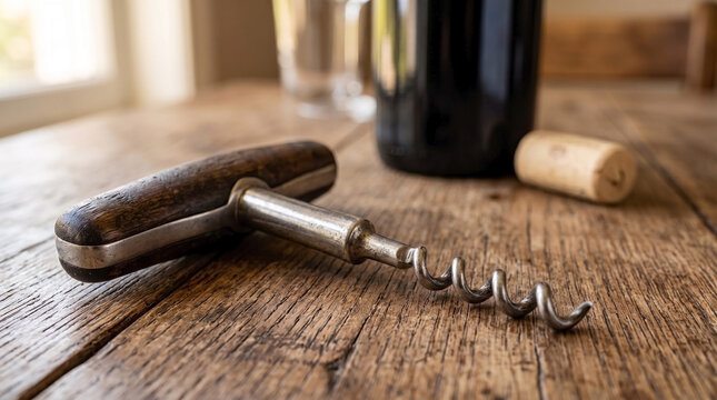 Old wine corkscrew with metal spiral on wooden table near bottle and cork. Vintage corkscrew showcases intricate design and functional elegance.