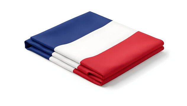A folded French flag with vertical blue, white, and red stripes is shown against a white background