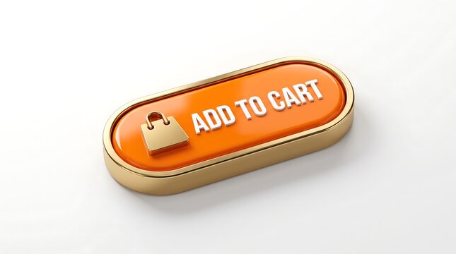 Glossy orange add to cart e-commerce button with golden metallic trim isolated on white