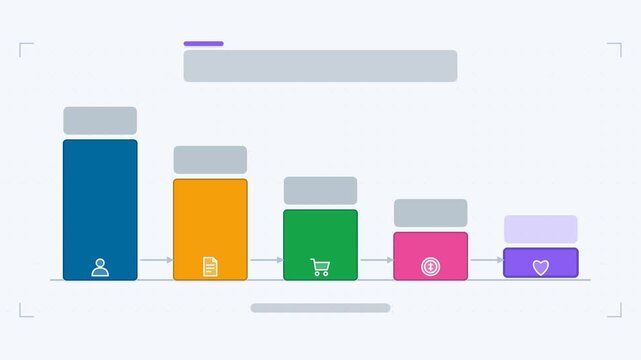 Seamless 4K looping animation of a conversion steps infographic template with shares growing. Flat vector shapes, icons and grey text placeholders animate on a clean light background in blue and azure