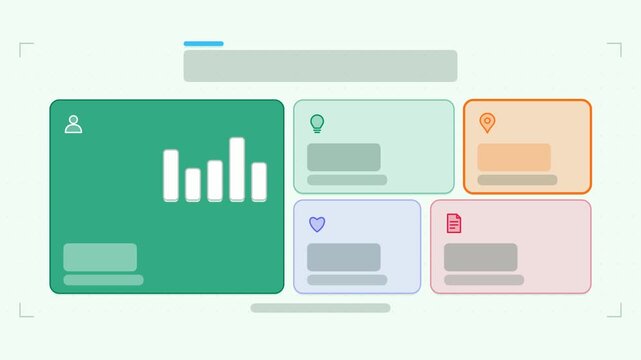 Animated bento grid infographic in a modern flat vector style, blocks assembling in a smooth 4K loop. Blank text placeholders and fresh green accents sit on a bright light background so headings and n
