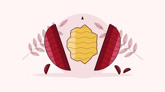 Gentle 4K seamless loop showing walnut with shell halves parting in a clean flat vector style with warm red and coral colours and a bright light backdrop. Slow natural movement and generous copy space
