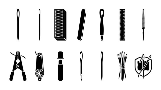Sewing tools and tailoring icons set, black and white craft needlework vector elements, minimalist haberdashery and dressmaking design assets