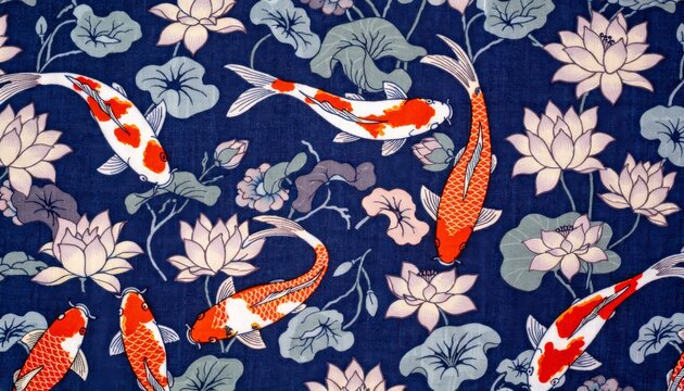 Koi fish and lotus fabric pattern on deep indigo cotton, chinese new year good luck background for card and textile design